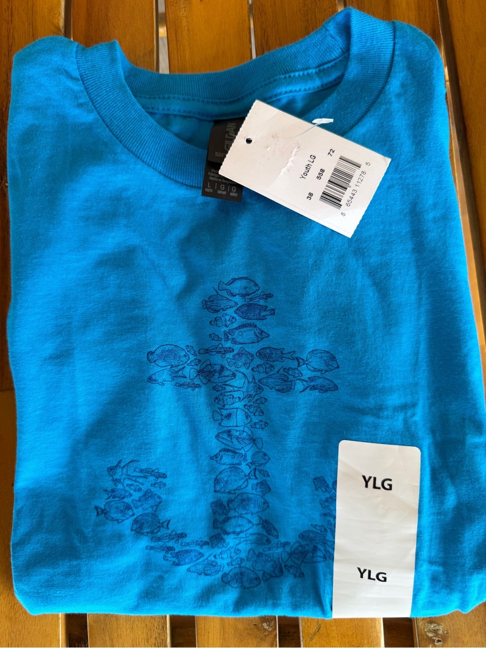 Gildan Youth Teal Blue Anchor Fish Graphic Tee